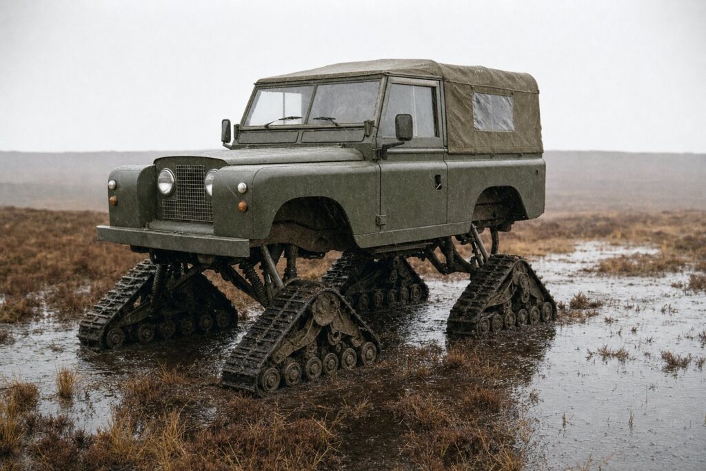 Boxy British 4x4 mounted on four triangular tracked bogies crossing a waterlogged peat bog