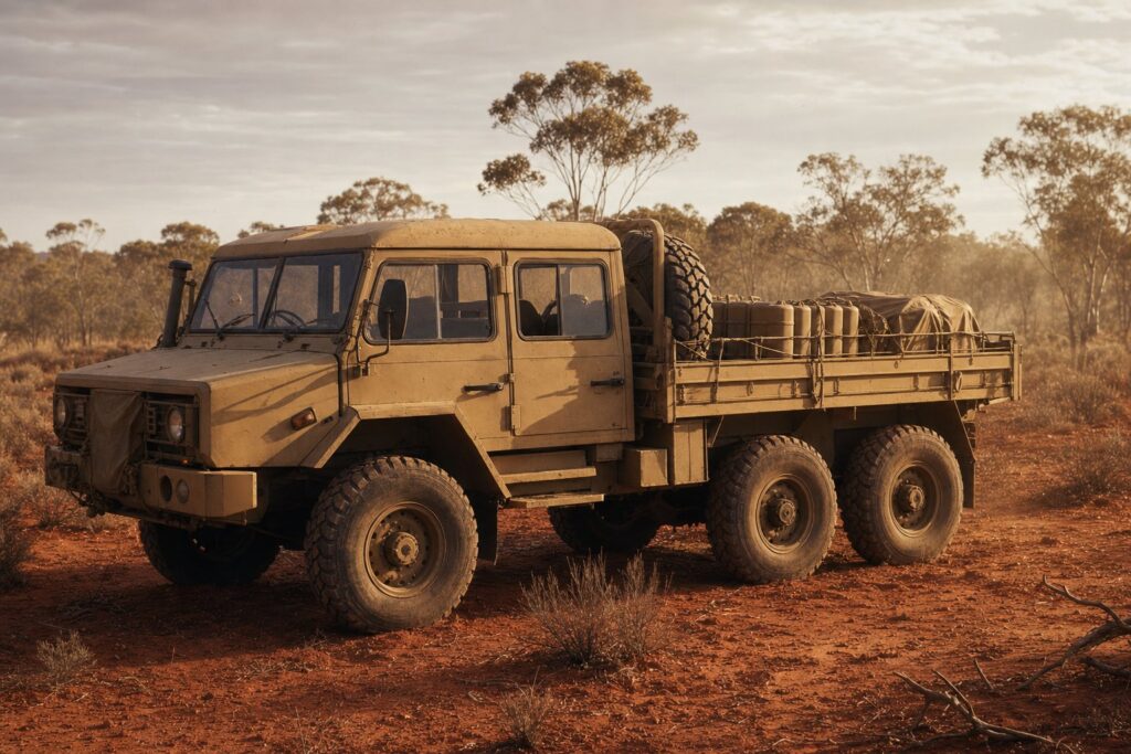 Sand-yellow six-wheeled military utility truck parked in red Australian outback scrub