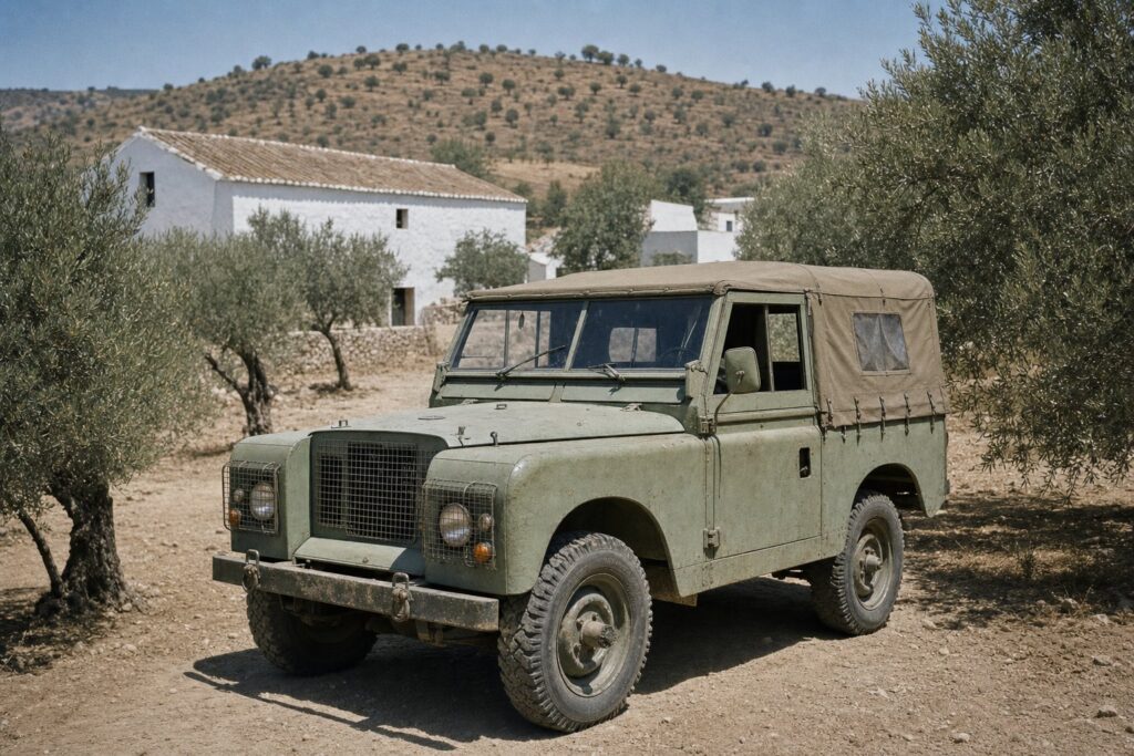 Weathered pale-green 4x4 with a canvas top on a dusty olive-grove track in Andalusia