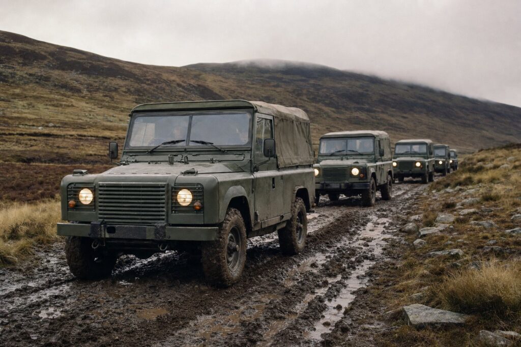 Column of olive-drab military 4x4 utility vehicles crossing a muddy upland track