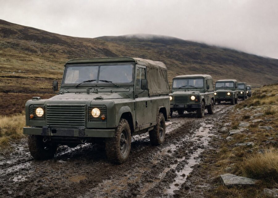 Column of olive-drab military 4x4 utility vehicles crossing a muddy upland track